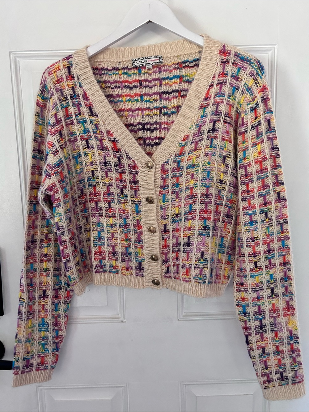 Flying Tomato Multicolor Knit Cardigan with Cream Trim